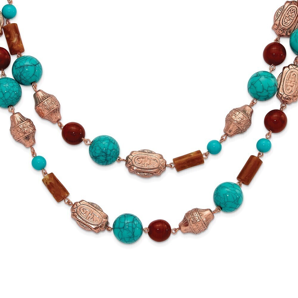 1928 Copper-tone Pattern Aqua Blue and Brown Acrylic Beads Long 44 inch Necklace